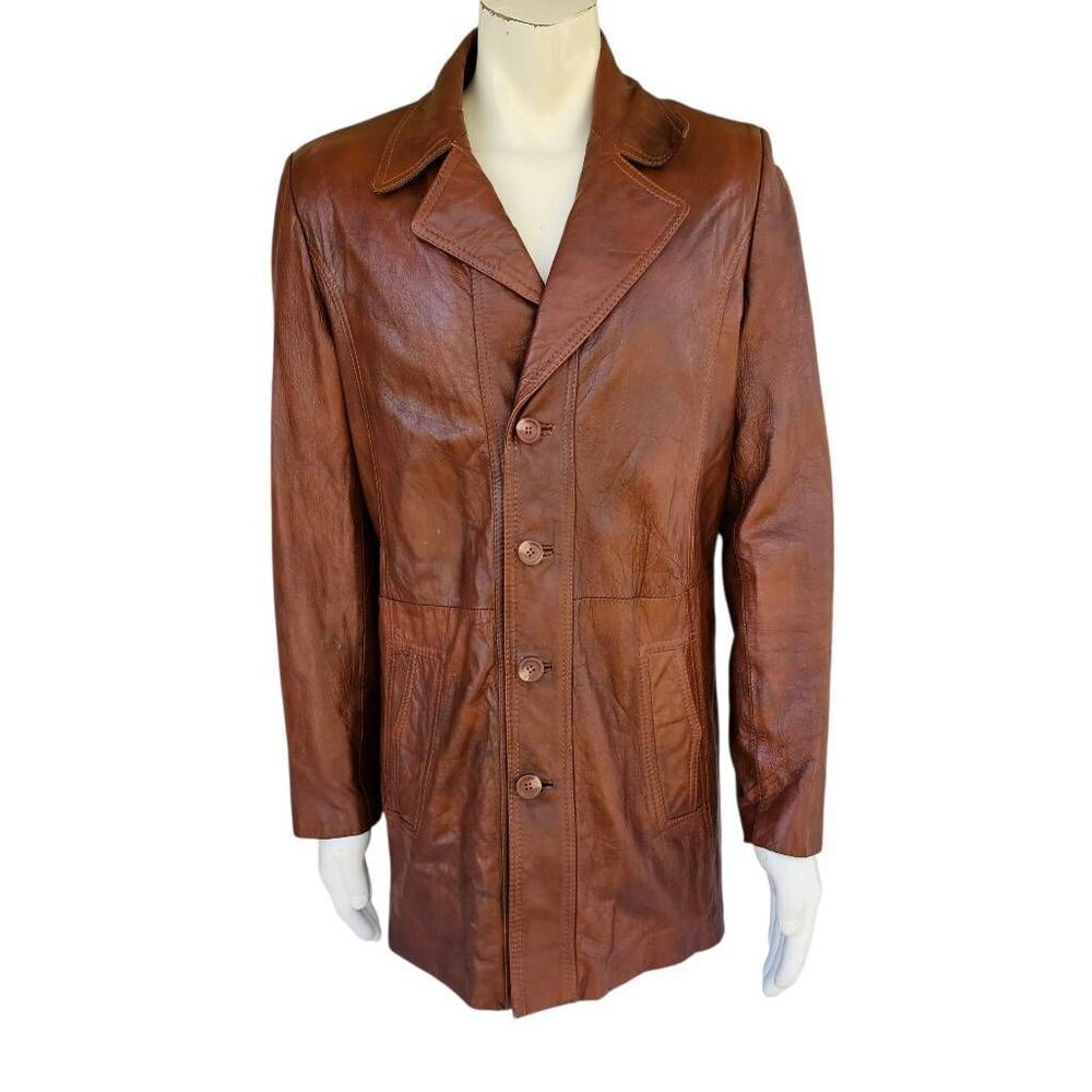 Vintage Designer International Leather Coat 42L Brown 70s Style Zip Liner